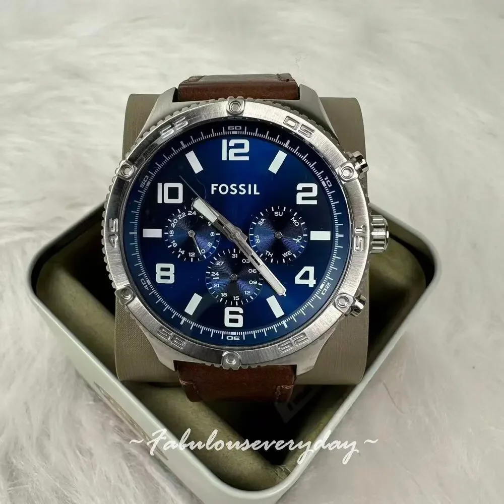 FOSSIL Men's Brox Multifunction Brown Leather Watch 50mm Blue BQ2799 NWT